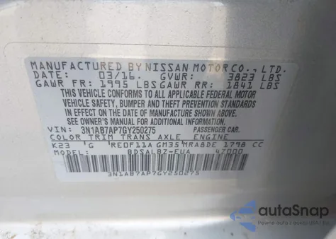 2016 Nissan Sentra Fe+ S/S/Sl/Sr/Sv из США, поврежденный, VIN 3N1AB7AP7GY250275